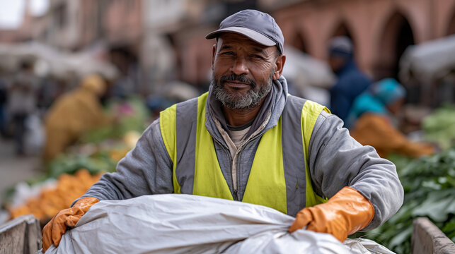 A garbage collection worker in a high-visibility vest loads refuse bags at a vibrant open-air market stall row, a large family unit nearby haggling over produce, the early morning