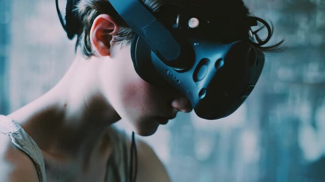 A young person wearing a virtual reality headset with an attached microphone. The individual appears focused on the immersive experience.