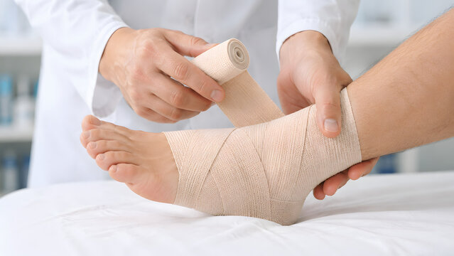 Clinician hands wrap an injured ankle with an elastic compression bandage during medical treatment and joint stabilization care.