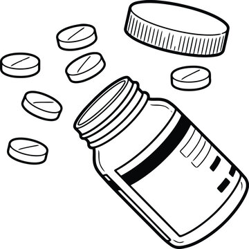 L&iacute;nea en blanco y negro de un frasco de pastillas abierto con tabletas dispersas