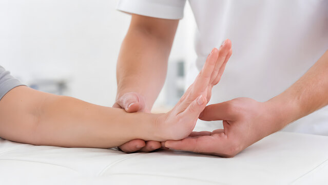 Therapist hands support and stretch a patient's palm during clinical wrist rehabilitation and finger mobility treatment.