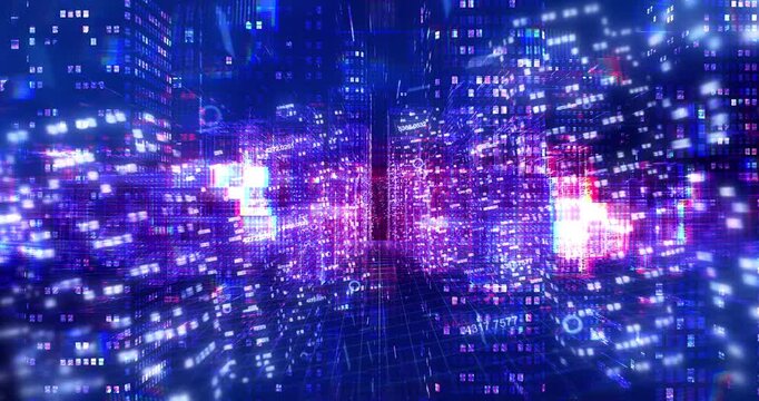 Futuristic Urban City with Artificial Intelligence Data Overlays on Skyscraper Buildings. Technology Related 3D Animation.