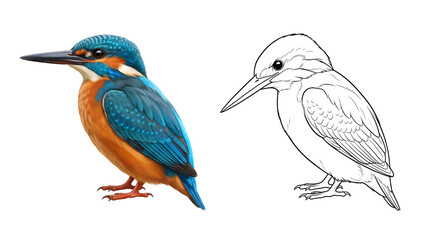 Fototapeta premium Kingfisher Duo: A vibrant, detailed illustration of a kingfisher bird showcased alongside its clear, artistic outline, perfect for design projects.