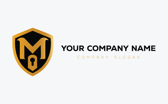 Gold shield logo with lock for security company design Vector, illustration