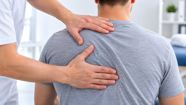Therapist hands apply pressure to a seated patient's upper back and neck during postural treatment and muscular rehabilitation.