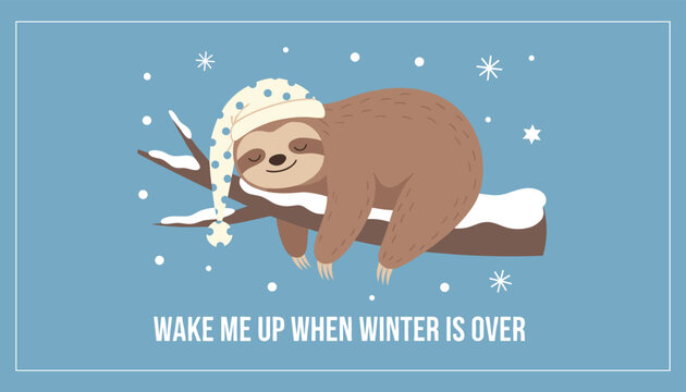Sleepy cartoon sloth wearing a nightcap sleeping on a snowy branch with wake me up when winter is over text.