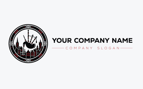 Black and white city skyline clock tower logo with company name and slogan Vector, illustration