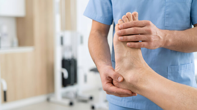 Clinician hands support a patient's foot during a professional ankle assessment and lower limb examination in a medical clinic.