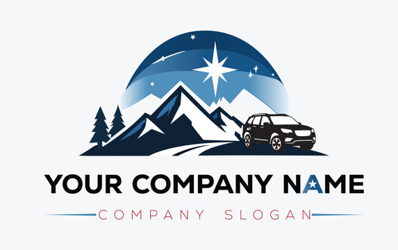 Winter mountain road trip with suv car and snowy peaks under northern lights Vector, illustration