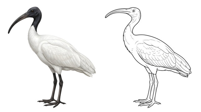 Ibis Illustration: A detailed illustration showcasing two ibises, one colored and the other a line drawing, highlighting the elegant form and distinctive features of the bird with its long.