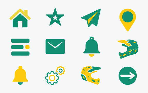 Set of green and yellow location and travel icons with symbols Vector, illustration