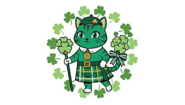 Whimsical cartoon cat dressed in a green kilt and hat for Saint Patricks Day holding a shamrock staff.