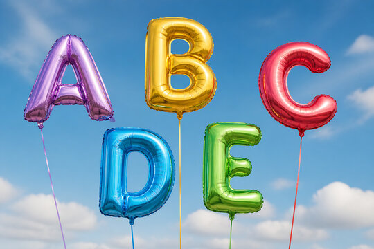 Colorful foil balloons spelling ABCDE are floating against a bright blue sky with clouds.