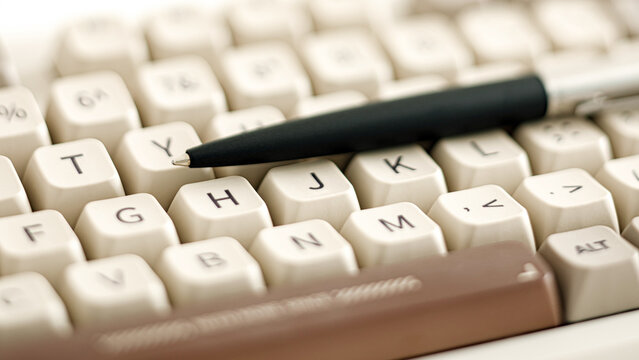 Retro Keyboard with Pen Concept of Handwriting Versus Typing. Digital Vs Analog