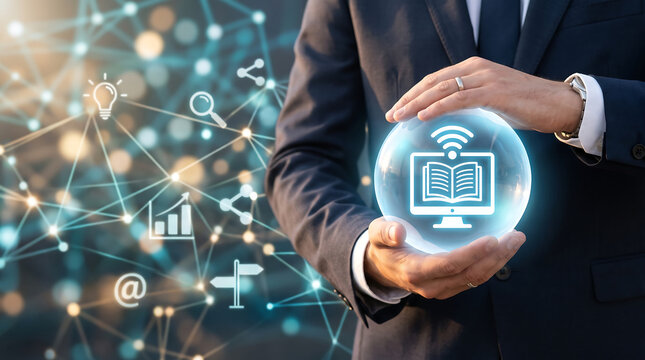 Digital microlearning platform with global network and interconnected icons representing online education and business growth