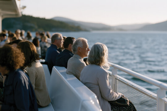 Passengers sit calmly on a ferry, surrounded by tranquil waters and stunning landscapes, showcasing the beauty and serenity of a peaceful travel experience.
