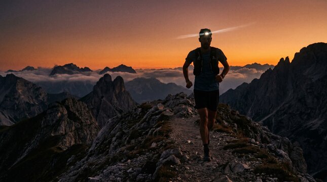 "Epic Ultra-Trail Running at Sunrise: Mountain Summit Adventure with Headlamp"