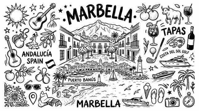 Marbella Spain Hand Drawn Travel Doodle Illustration, Mediterranean City Map Line Art Style