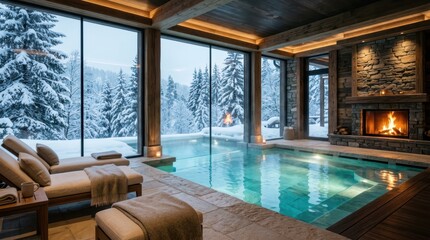 Obraz premium Luxurious indoor swimming pool with a fireplace and snowy forest view