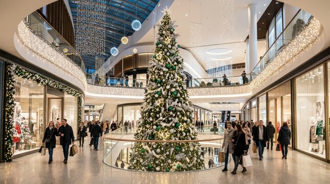 Festive shoppers enjoy the holiday spirit around a large decorated Christmas tree in a modern mall