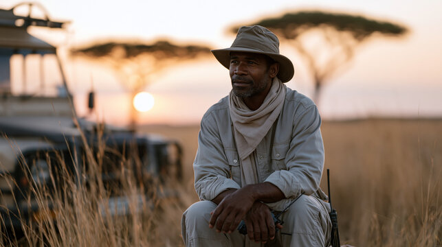 Safari guide kneels in tall golden savanna grass at dusk aftermath of vehicle breakdown, lash extension tweezers kit resting surreally on hood of stalled jeep, glowing horizon
