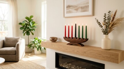 Obraz premium Kwanzaa kinara with lit candles on a wooden mantelpiece in a modern living room