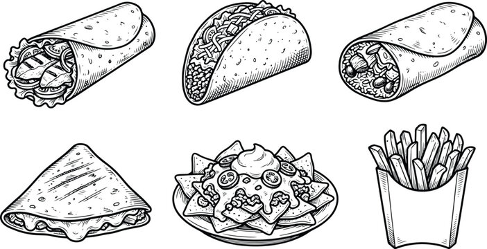 Hand Drawn Mexican Fast Food Taco Burrito Quesadilla Nachos And Fries Vector Set