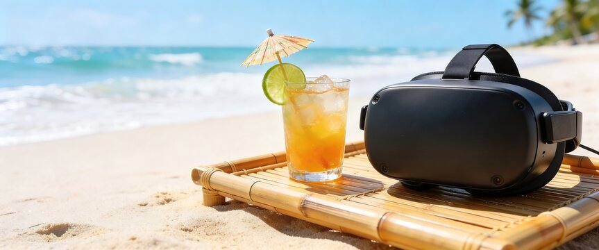 Tropical beach vacation concept with virtual reality headset and cold cocktail on sand