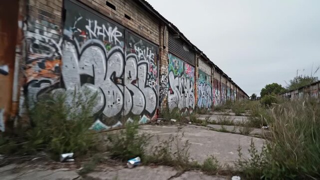 Long row of weathered brick garages featuring rusty metal doors with graffiti tags, overgrown tall grass, and cracked concrete path in a neglected industrial urban area.