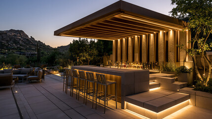 Fototapeta premium Modern outdoor bar with stylish seating and ambient lighting, perfect for evening gatherings and socializing.
