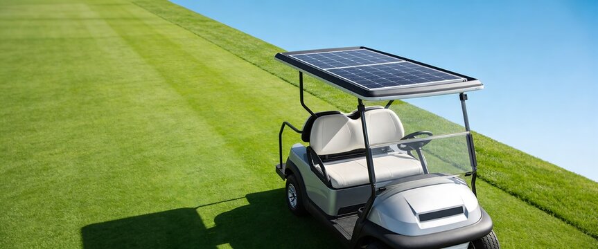 Solar powered electric golf cart on green fairway under clear blue sky