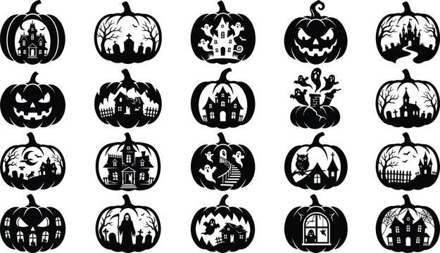 Set of hand drawn halloween pumpkins with carved spooky scenes and scary faces isolated on a white background