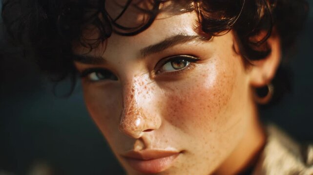 A young woman with a thoughtful expression and freckled skin gazes off to the side. Her hair is styled in loose waves around her face. She has prominent freckles on her cheeks and nose.