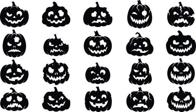 Set of twenty hand drawn black and white pumpkin icons with various scary and funny jack o lantern faces