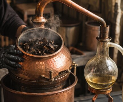 Artisan Distilling Agarwood Essential Oil Inside Traditional Copper Alembic