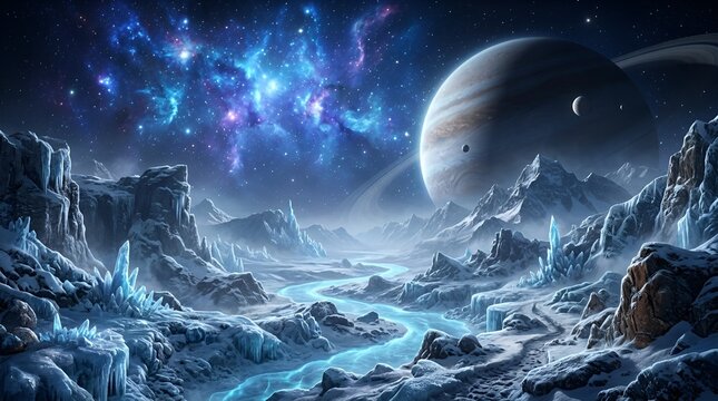 Futuristic Icy Alien Planet Landscape with Giant Gas Planet and Glowing Blue Nebula Galaxy