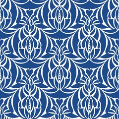 Fototapeta premium Crisp seamless floral design in royal blue and white, featuring mirrored tulip-like forms, heart details, flowing leaves, and bold Art Nouveau-inspired graphic symmetry.