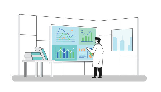 Male scientist in white lab coat analyzes colorful statistical charts on large interactive screen board in modern office.