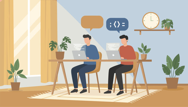 Two programmers writing code on laptops in a cozy home office setup with text bubble illustrations.