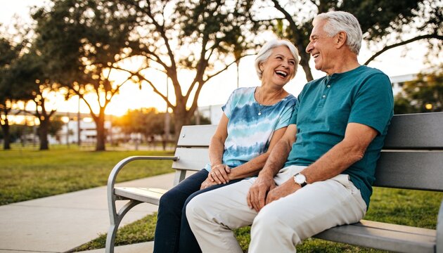 Senior couple laughing on a park bench at sunset. Happy elderly man and woman enjoying retirement in an outdoor park. Companionship and healthy aging concept