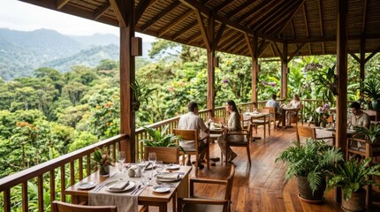 Fototapeta premium Elegant dining on a covered terrace overlooking a lush tropical rainforest canopy