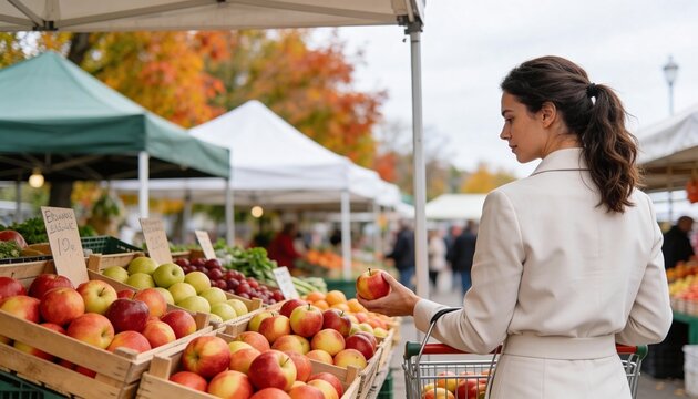 Woman choosing fresh apples at an outdoor farmers market in autumn. Female customer shopping for local produce with a cart. Healthy lifestyle and seasonal harvest concept