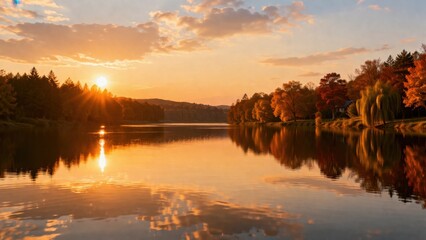 Obraz premium Beautiful autumn sunset over calm lake with colorful forest reflections and golden evening light