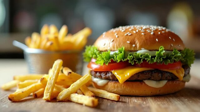 Close-up of a tasty cheeseburger with lettuce, tomato, cheese, and beef patty in a sesame seed bun, served with crispy golden French fries on a rustic wooden table. Perfect for fast food ads.