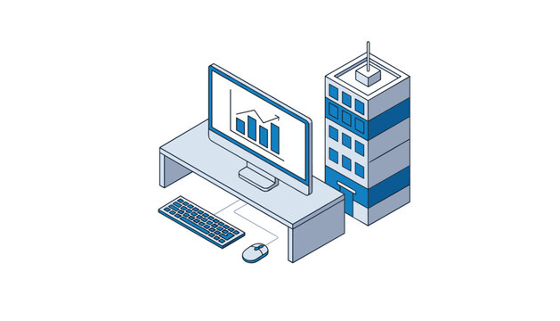 Modern isometric corporate workspace with computer desktop displaying growth chart next to an office building.