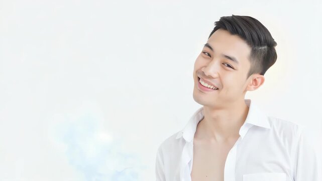 A young Asian man smiling at the camera with a shirt and tie.