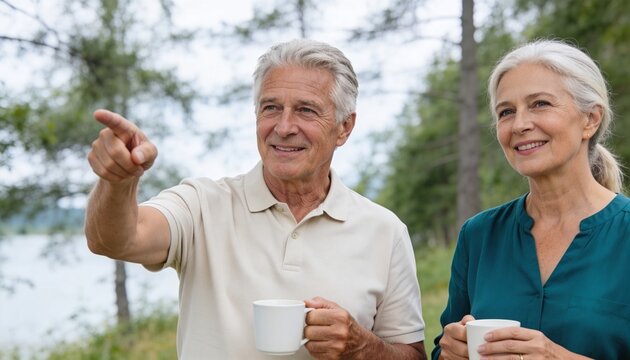 Senior couple pointing at something outdoors while holding coffee mugs. Elderly man and woman enjoying nature during retirement. Active aging and companionship concept