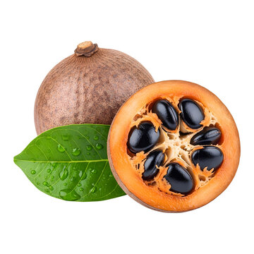 Fresh whole and sliced black sapote fruit transparent background
