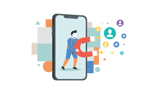 Lead generation concept showing a male marketer pulling in target audience icons with a magnet from a smartphone.