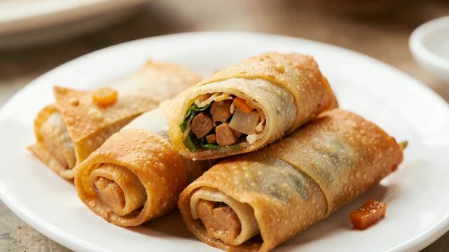 Mouthwatering spring rolls filled with vegetables and herbs served fresh on a white plate. Great appetizer for parties or family dinners.